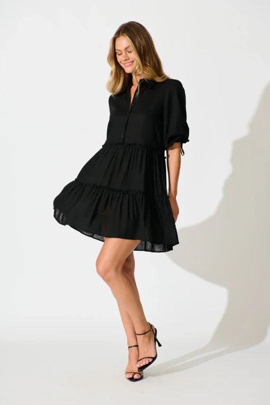 Layla Smock Dress in Black Linen Blend